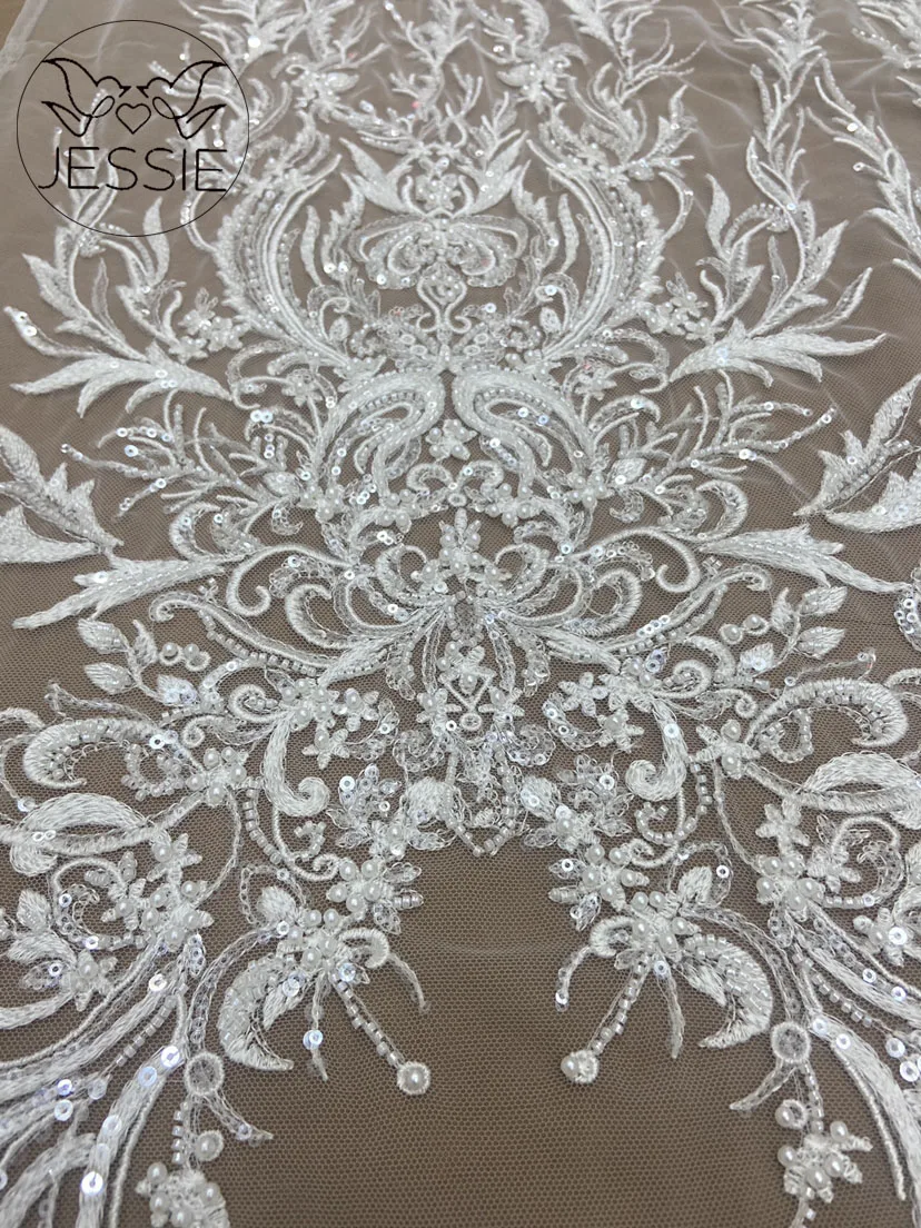 

New White Latest African Lace Fabric Luxury Heavy Beaded With Sequins Lace French Nigerian Lace Fabric for Wedding dress 5Y