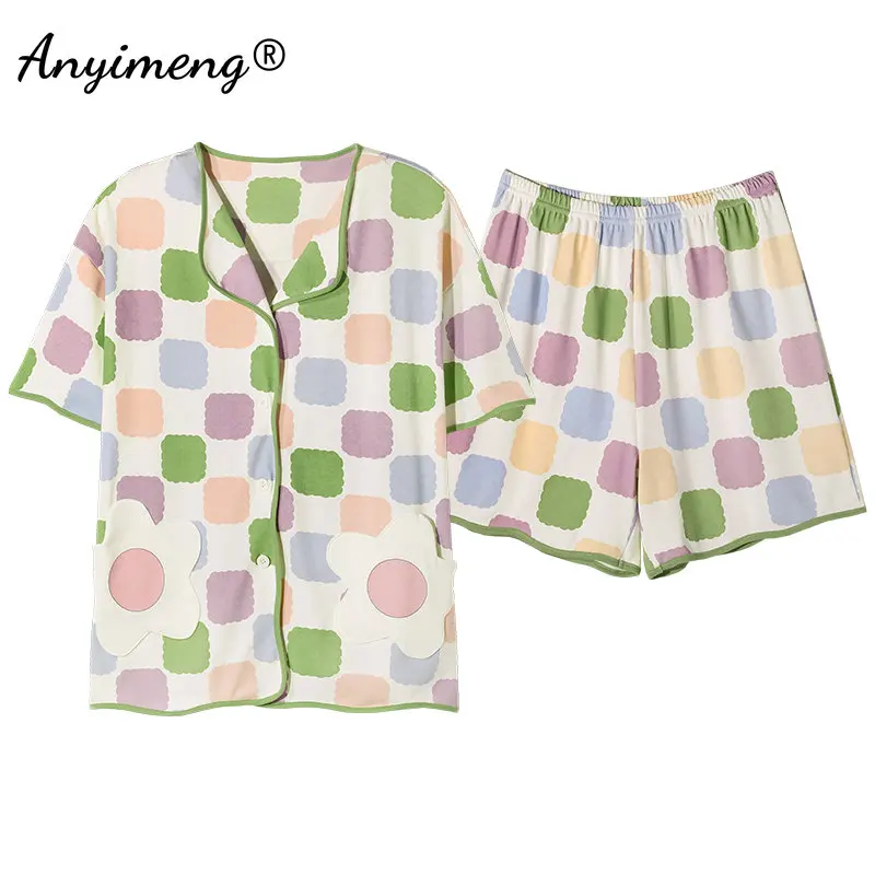 Conjunto de pijama de algodón suave para mujer, ropa de dormir coreana con estampado de fresa, dulce, fresca, para verano, novedad