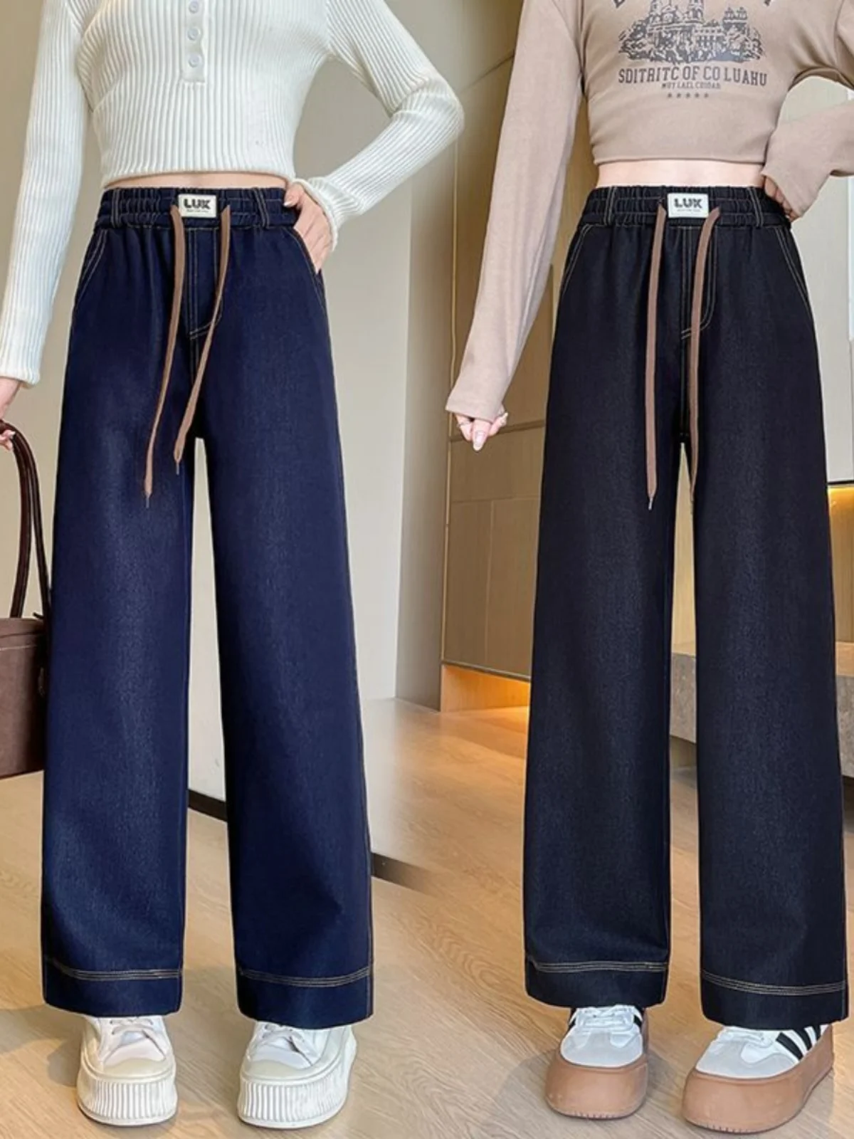 

Джинсы женские с высокой талией, широкими штанинами, синие, свободные, повседневные, стройнящие, прямого кроя, весна-осень, новинка