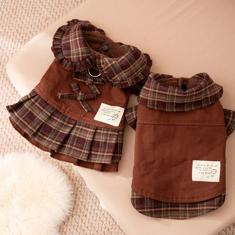 

Autumn and Winter Pet Plaid Couple Outfit Thin Dress Hoodie Cat Teddy Jacket Dog Dresses for Small Dogs Puppy Clothes