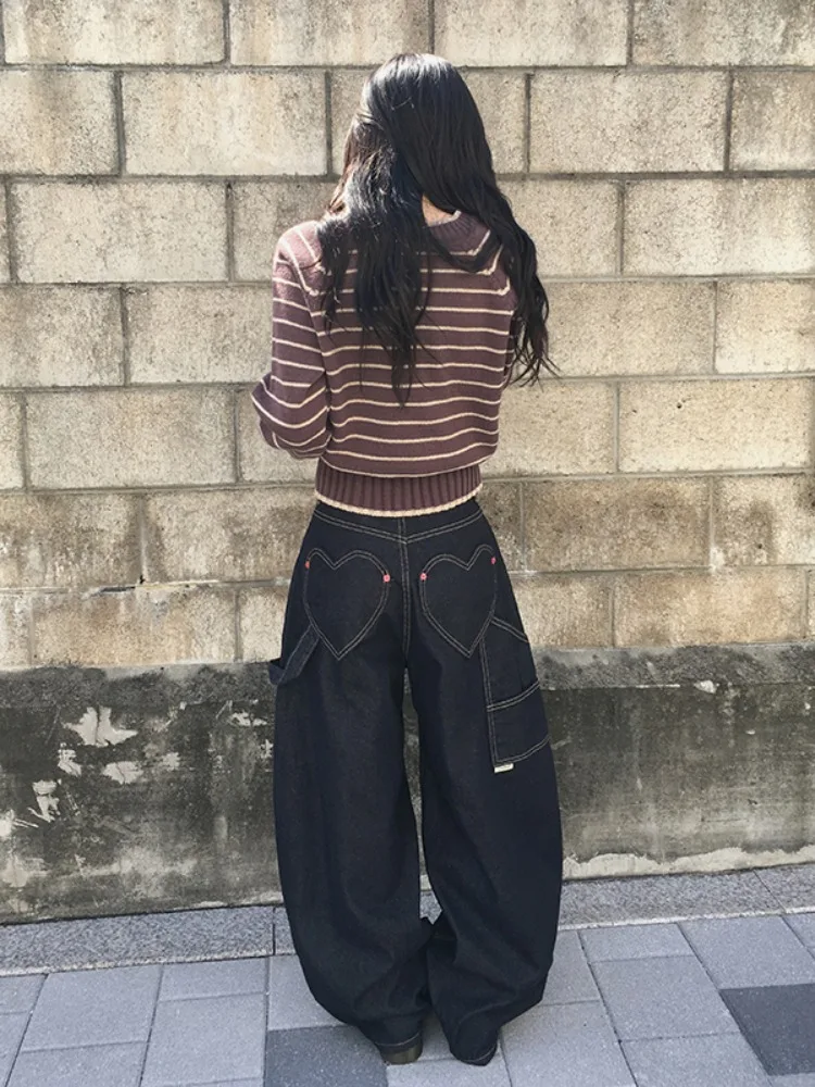 Retro rua sle outono inverno solto perna larga jeans casuais feminino amarrar emagrecimento ket coração design versátil denim