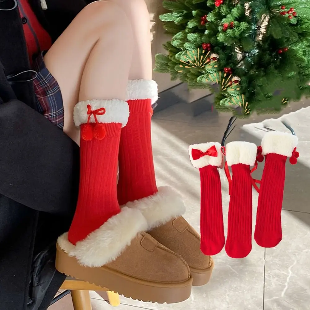 Comfortable Female Hosiery New Year Red Socks Cotton Thicken Children Red Socks Sleeping Socks Bow Middle Tube Socks Winter