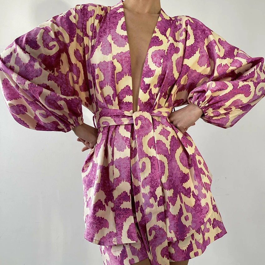 HiLoc Printed Fashion Woven Women'S Pajamas Two-Piece Long Sleeve V-Neck Wrap-Around Lace Short Nightgown Elastic Waist Shorts