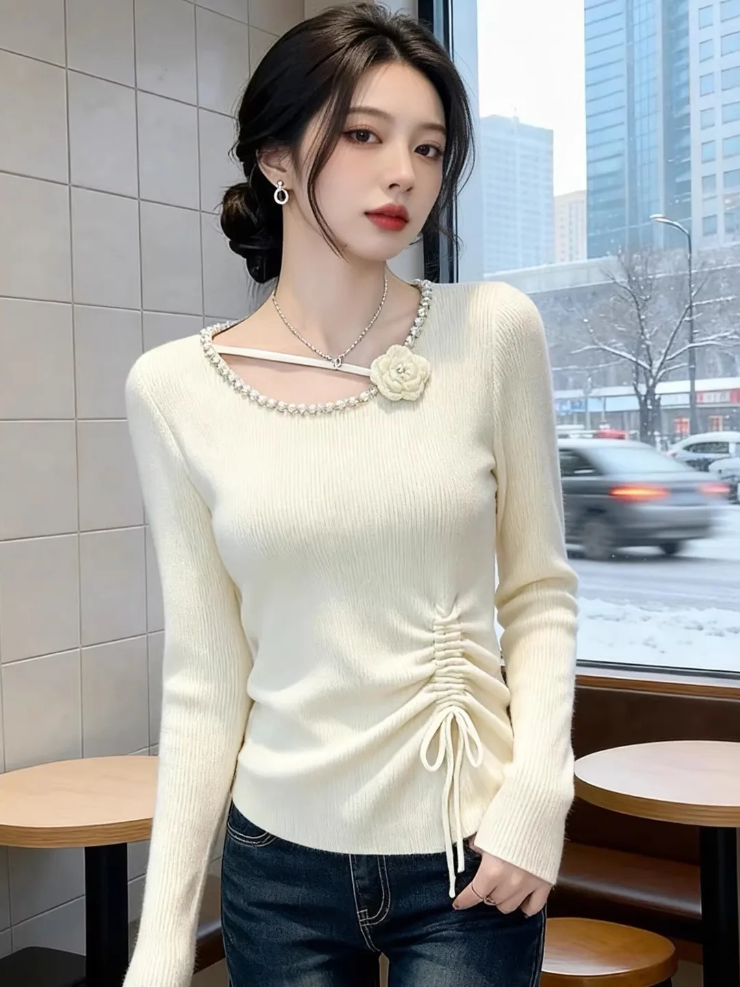 

Women's Knitted Sweater with Dstring Slit Square Collar Slim Fit Base irt Bead Decoration Long Sve Autumn Winter New ...