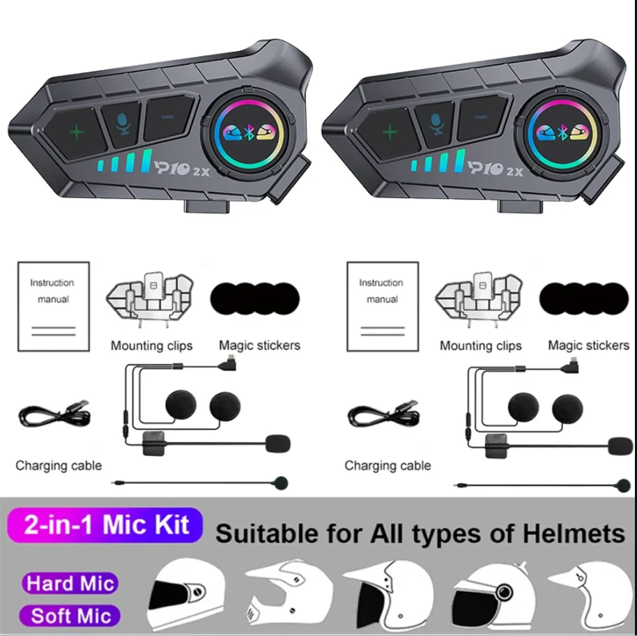 Kebidumei YP10 2X Drahtlose Bluetooth 5,3 Motorrad Helm Intercom Headset Wasserdicht 300 m Intercomunicador Lautsprecher Kopfhörer 4