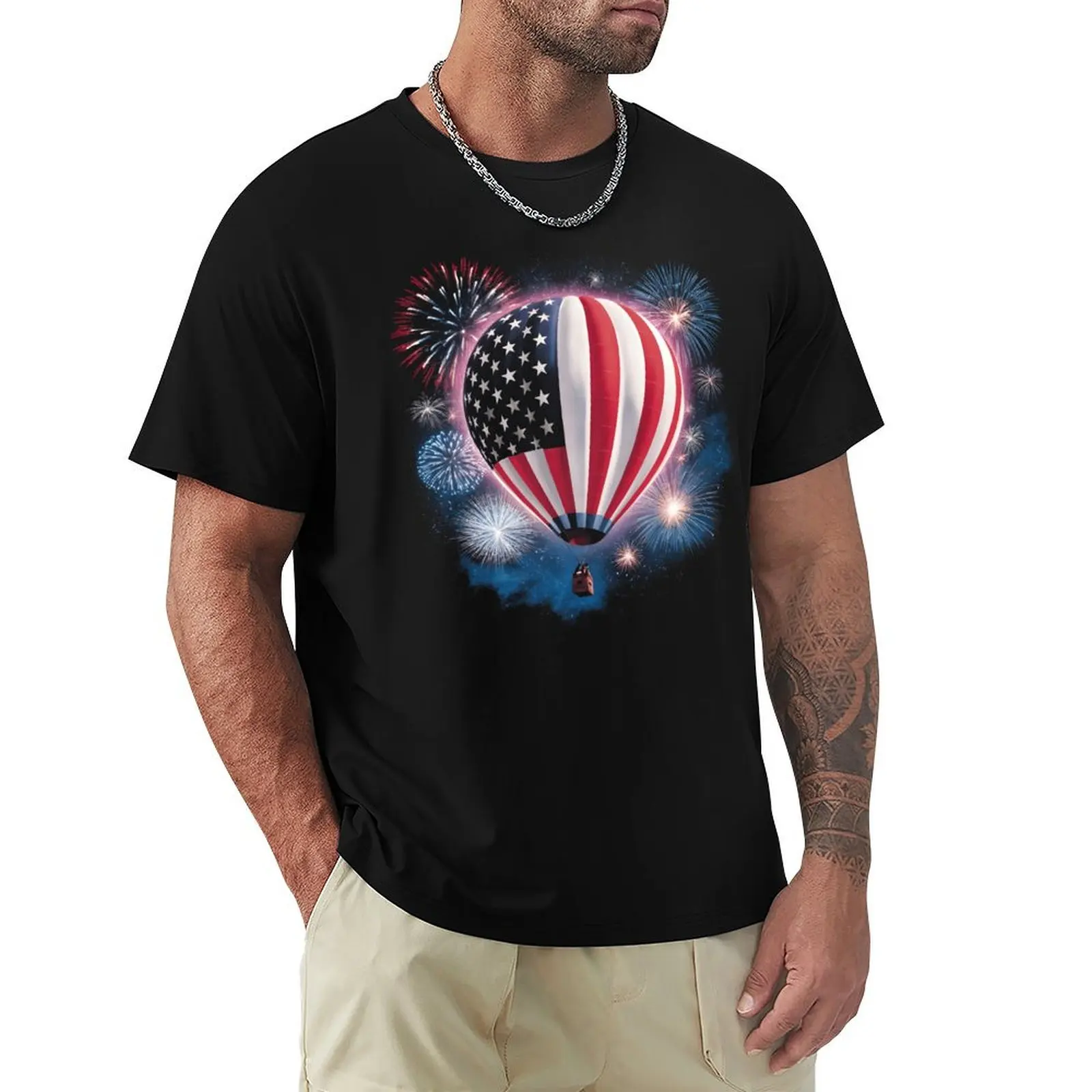 

Hot Air Balloon Firework US American Flag 4Th Of July T-Shirt cute clothes valentines clothes summer top mens white t shirts