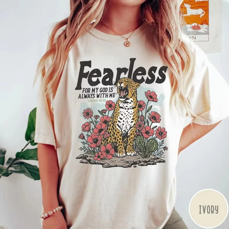 Faith Leopard Shirt for God Is Always with Me Fearless Bible Verse T-Shirt Isaiah 4110 Christian Tee Crew Neck Casual Top Unisex