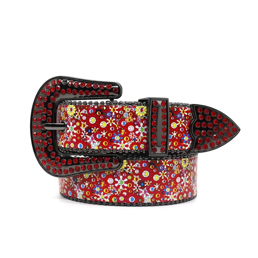 Gothic Y2K Sunflower Rhinestone Belts Luxury Designer Brand Pu Leather Crystal Studded Western Cowboy Diamond Bling Belt