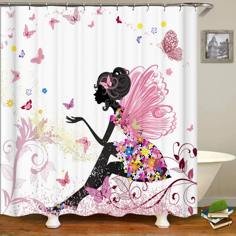 

Waterproof Shower Curtain, Pink Small Fresh Cartoon Print Pattern, With Hooks, Bathtub Decorative Partition Curtain, Bathroom