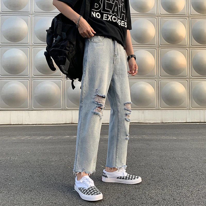 Retro Torn Frayed Jeans Men Loose Straight Leg Wide Leg Summer Street Style Design Sensation Nine Points Poor Man's Pants
