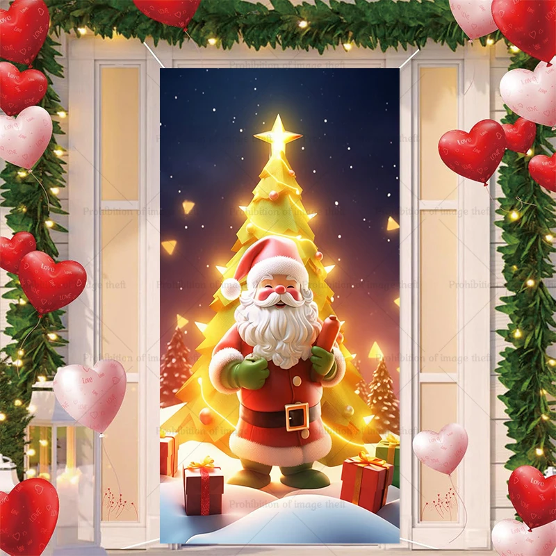 Winter Snowman Theme Snowflake Christmas Tree Warm Light Couple Santa New Year Door Cover Outdoor Decoration Veranda Background