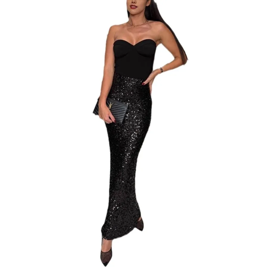 Faionable Paillettenrock, hohe Taille, mittellang, elastische Taille, Club-Damen, Dr. European Sle, Polyester, gestrickt, figurbetont...