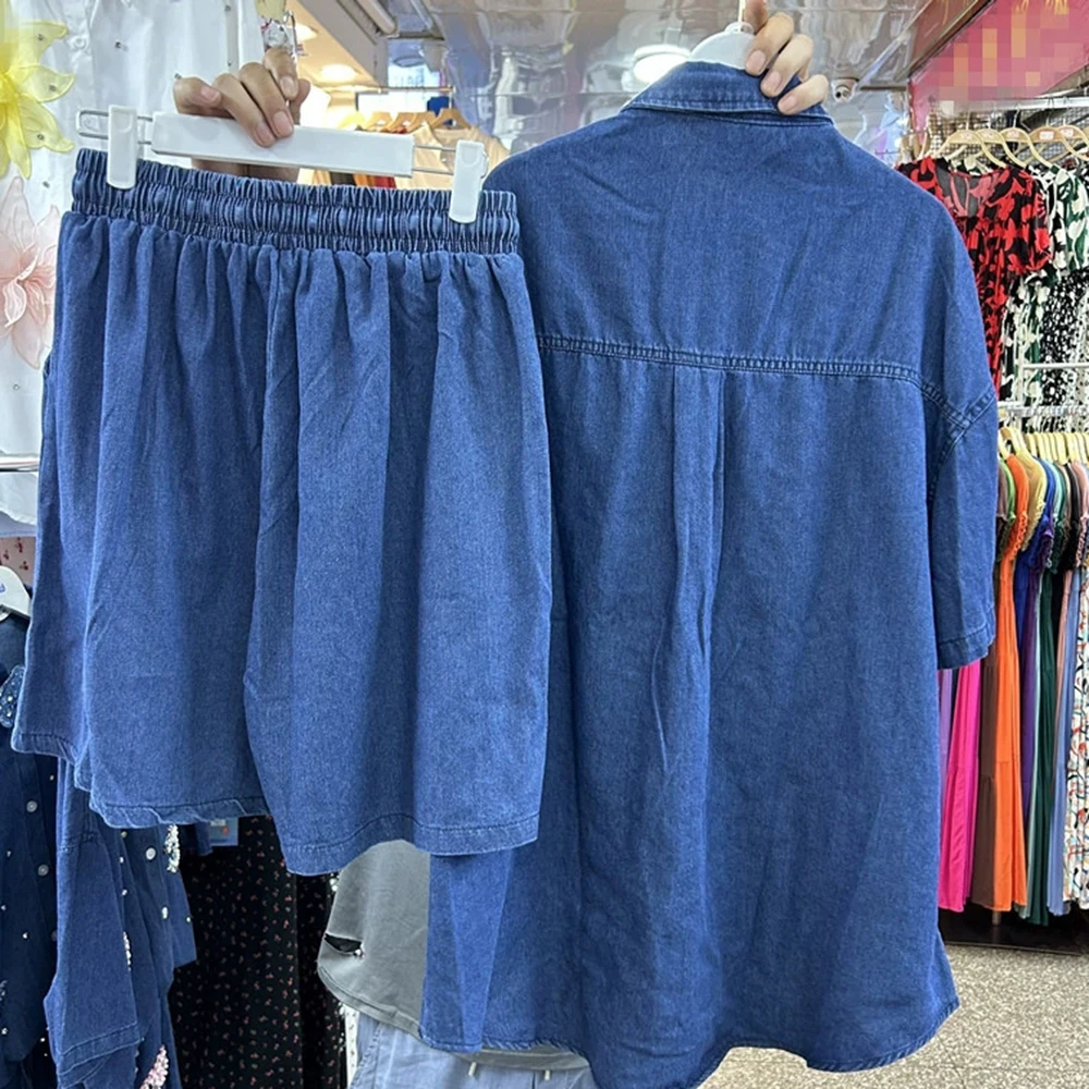 Hot Diamond Printed Letter Short Sleeve Denim Shirt Top + Elastic Waist Denim Shorts Two-piece Set-GZTZ056