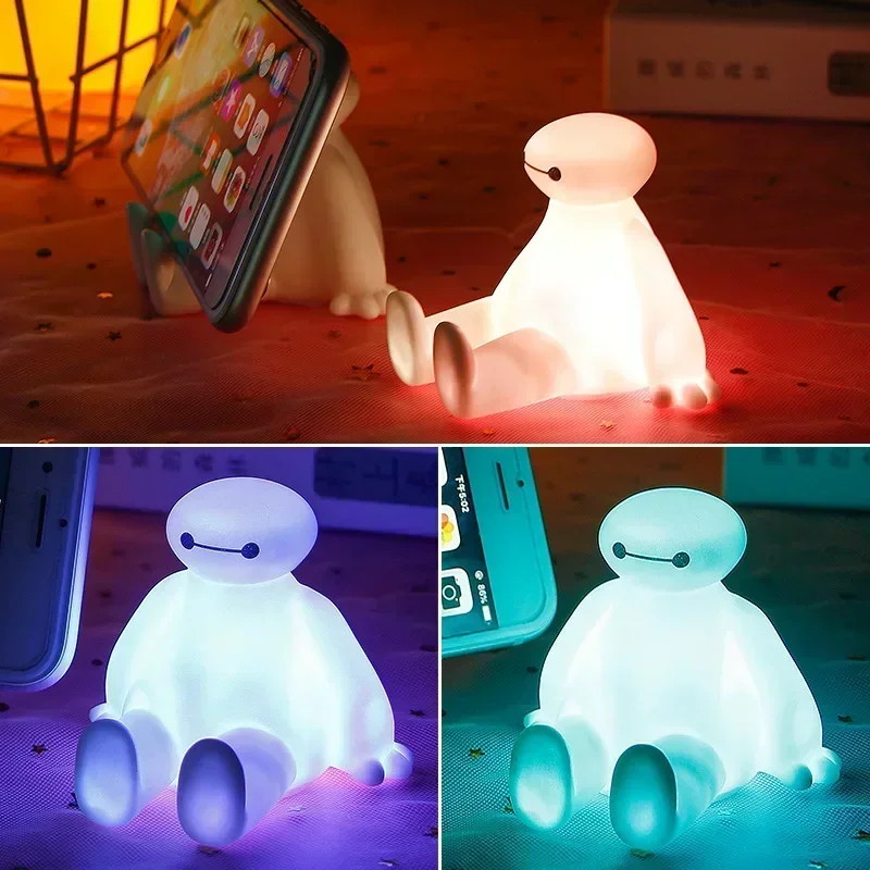 Soporte para teléfono móvil de Disney Baymax, soporte perezoso, mesa, escritorio, luz nocturna, brillante, figura de Anime de dibujos animados,