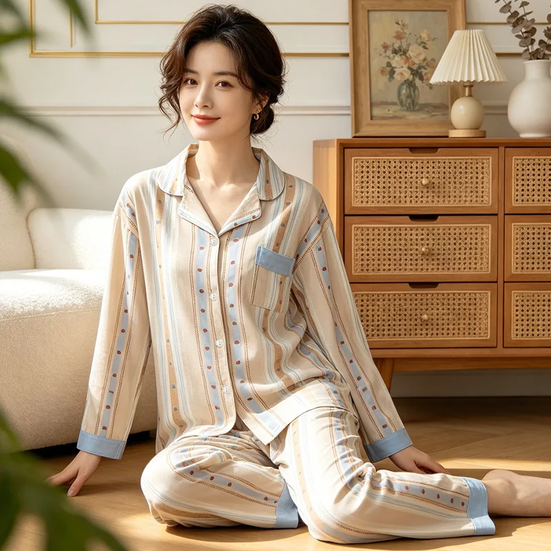 Fall/Winter Striped High-Quality Long-Sleeved Pants Homewear Set - Comfortable Sleeping Suit - New Style Cotton-Like Sleepwear