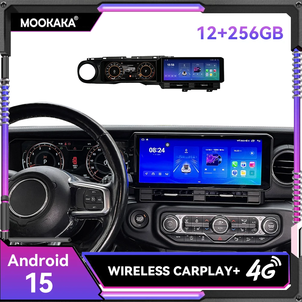 12.3Inch Dual Screen Android 15 Stereo Digital Speedometer For Jeep Wrangler JK 2018 - 2023 Car Multimedia Player GPS Navigation