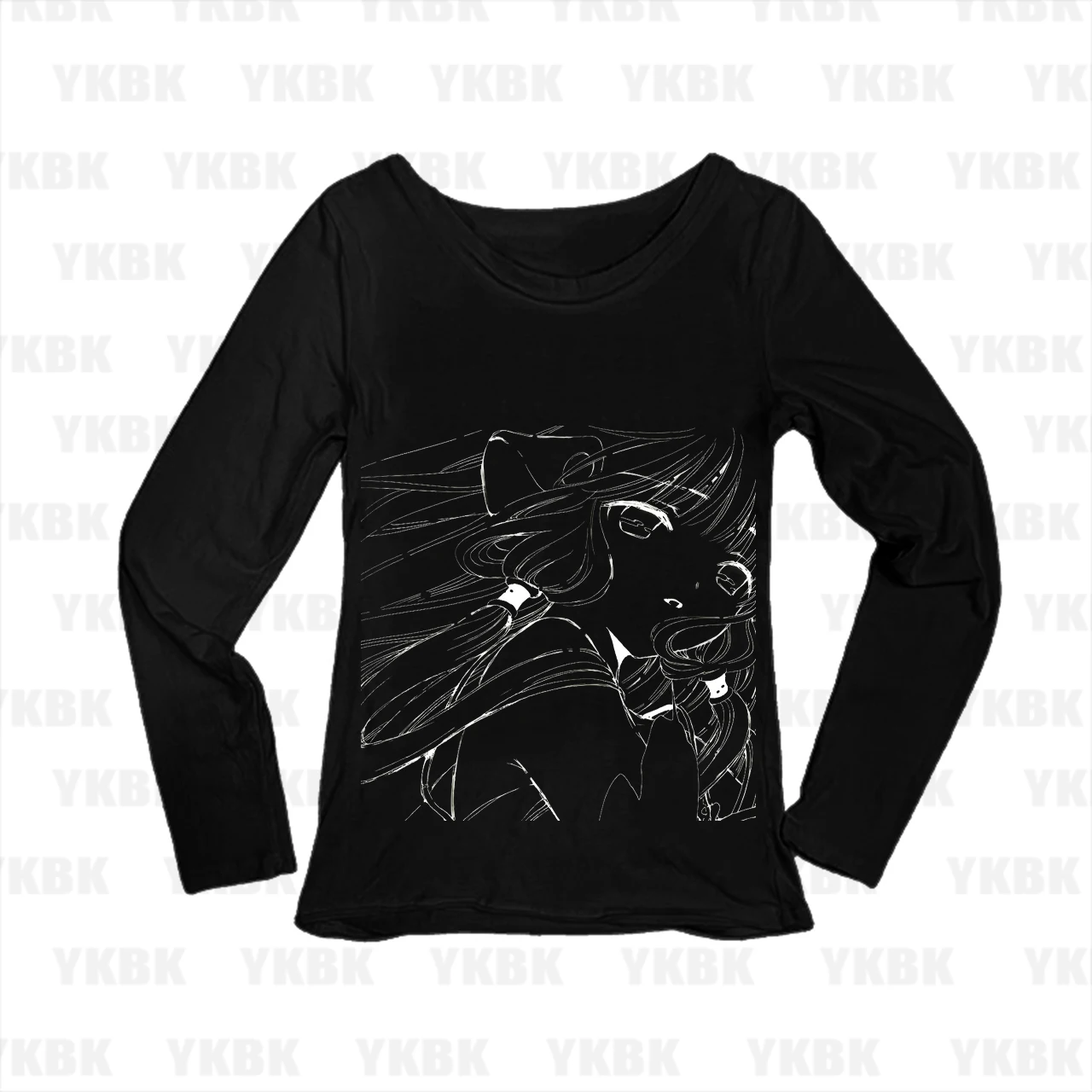 Y2K Manga Aesthetic Anime Girl Line Art Print Women Long Sleeve T‑Shirt O‑Neck Slim Fit Vintage Graphic Casual Tops