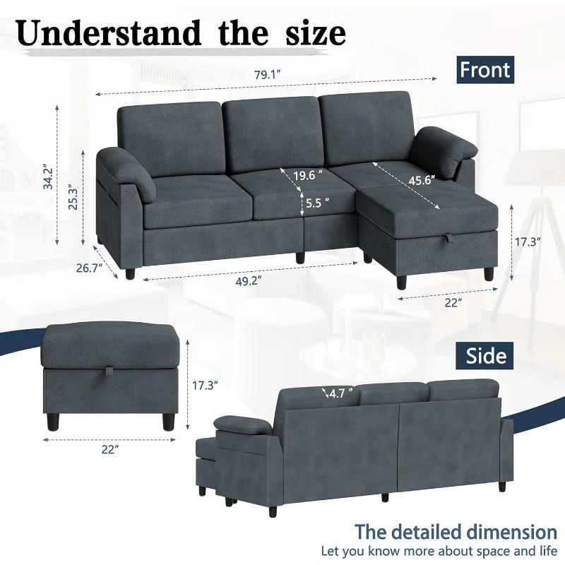 79” Modern Sectional Sofa Couch, Convertible L Shaped Couch with Reversible Ottoman, 3-Seat Sofa Sectional with Removab