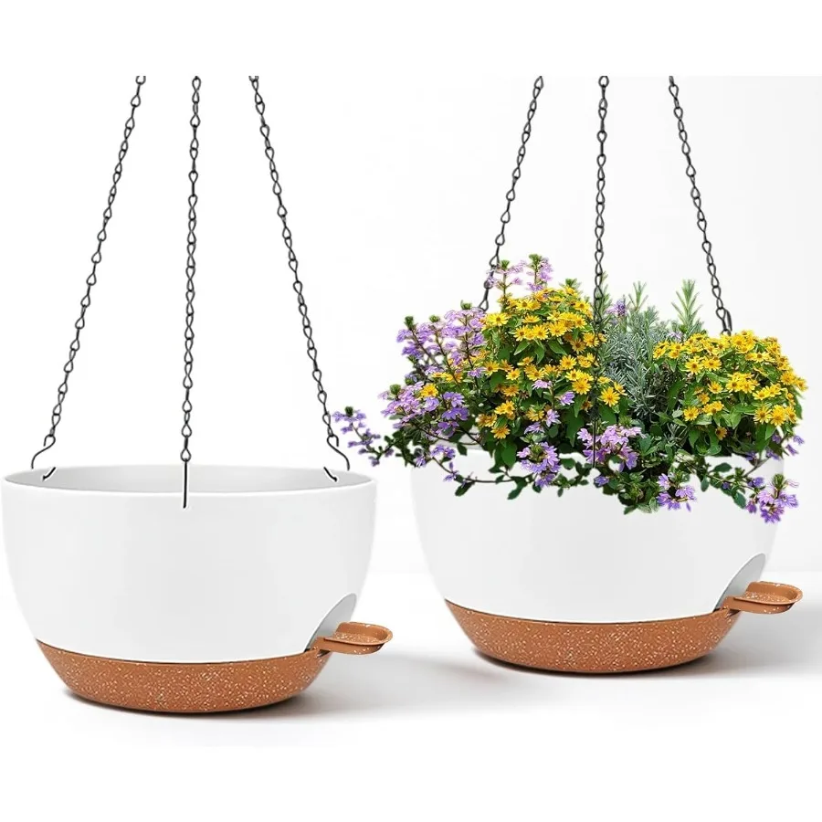 

2 упаковки 12-дюймовых больших подвесных горшков с цепями, самополивающиеся белые коричневые пластиковые подвесные горшки для комнатных и уличных растений.