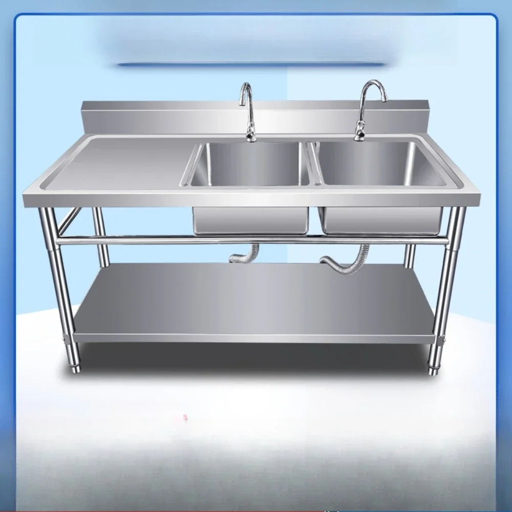 Thickened 304 stainless steel sink double sink workbench platform dishwashing sink vegetable basin home kitchen commercial custo