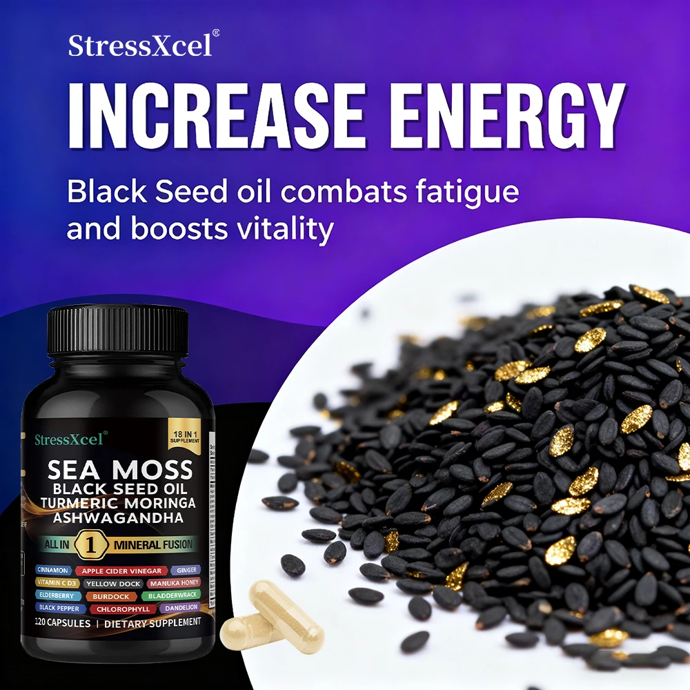 كبسولات الزنجبيل لزيت البذور السوداء من طحالب البحر، تعزز المناعة والطاقة، تخفيف التوتر، وتحسين الإمساك