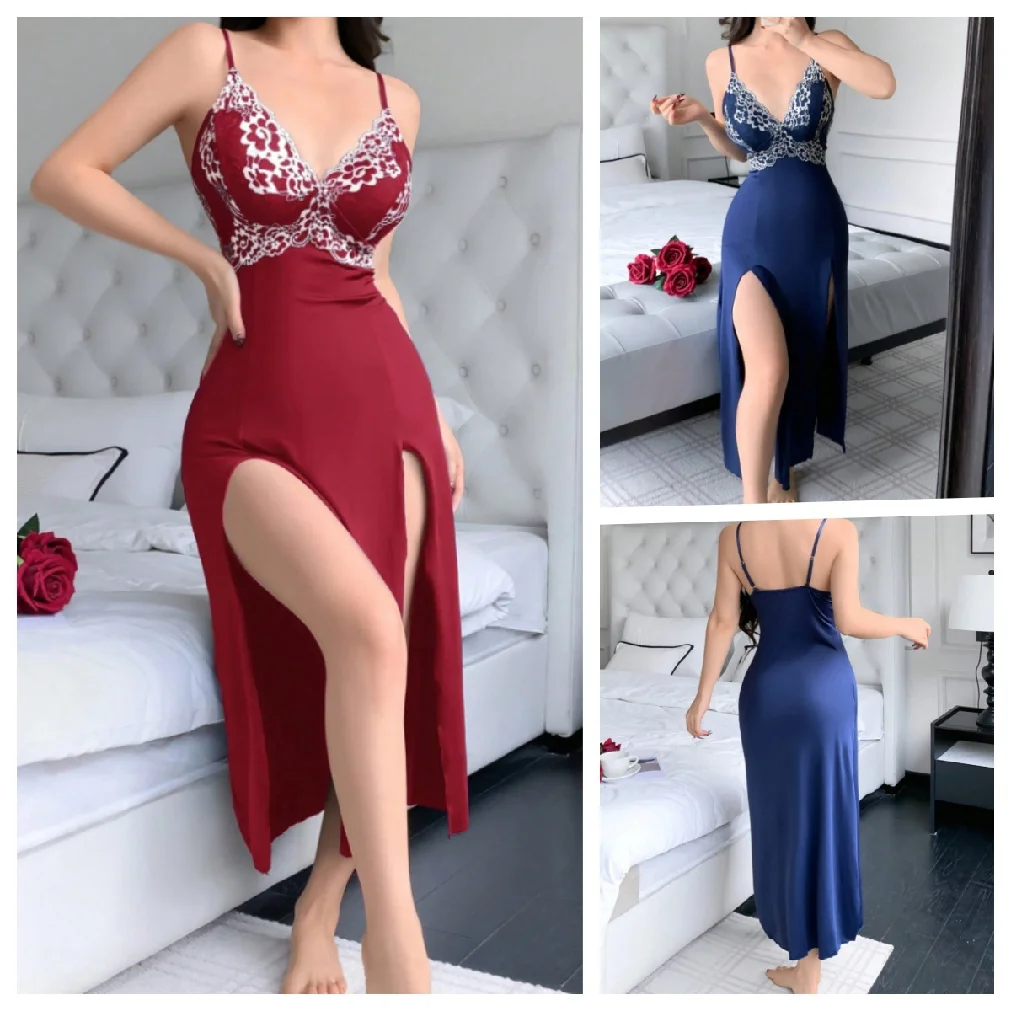 

Deep-V Lace Trim Sleep Dress Slim-Fit Silk-Like Sexy Strap Dress Evening Gown for Women Sensual Underwear