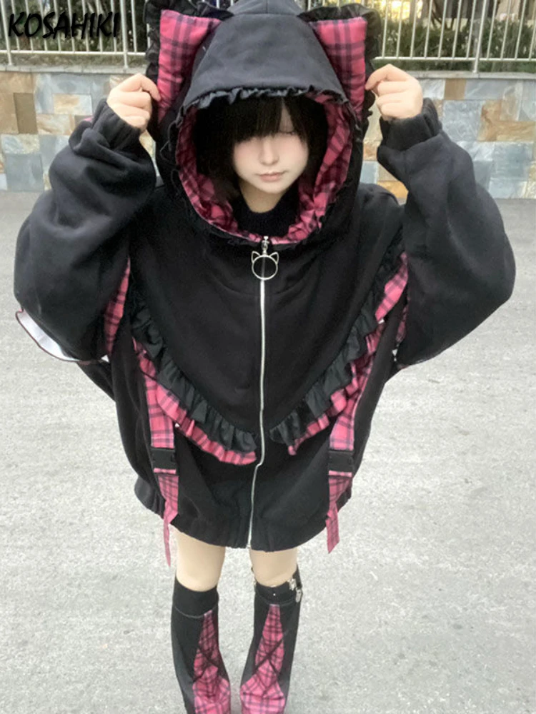 Japanrse Y2k Aesthetic Lace Ruffle Plaid Hoodies Thick Jacket Women Kawaii Streetwear Harajuku Coats Casual Loose Grunge Coats