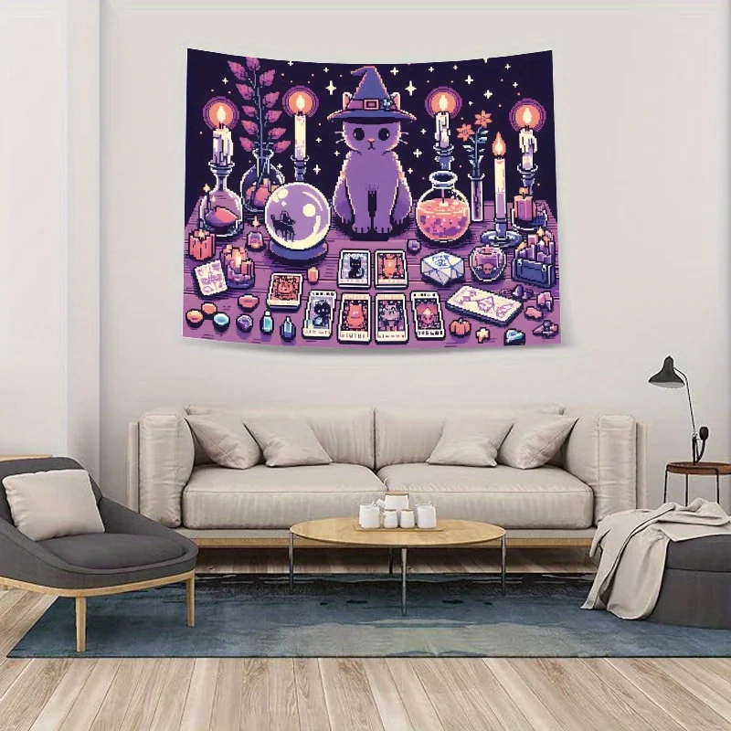 Witchy Cat Tarot Cards Wall Tapestry, Soft Polyester Multi-Purpose Wall Hanging, Festival Decor for Bedroom Dorm Outdoor