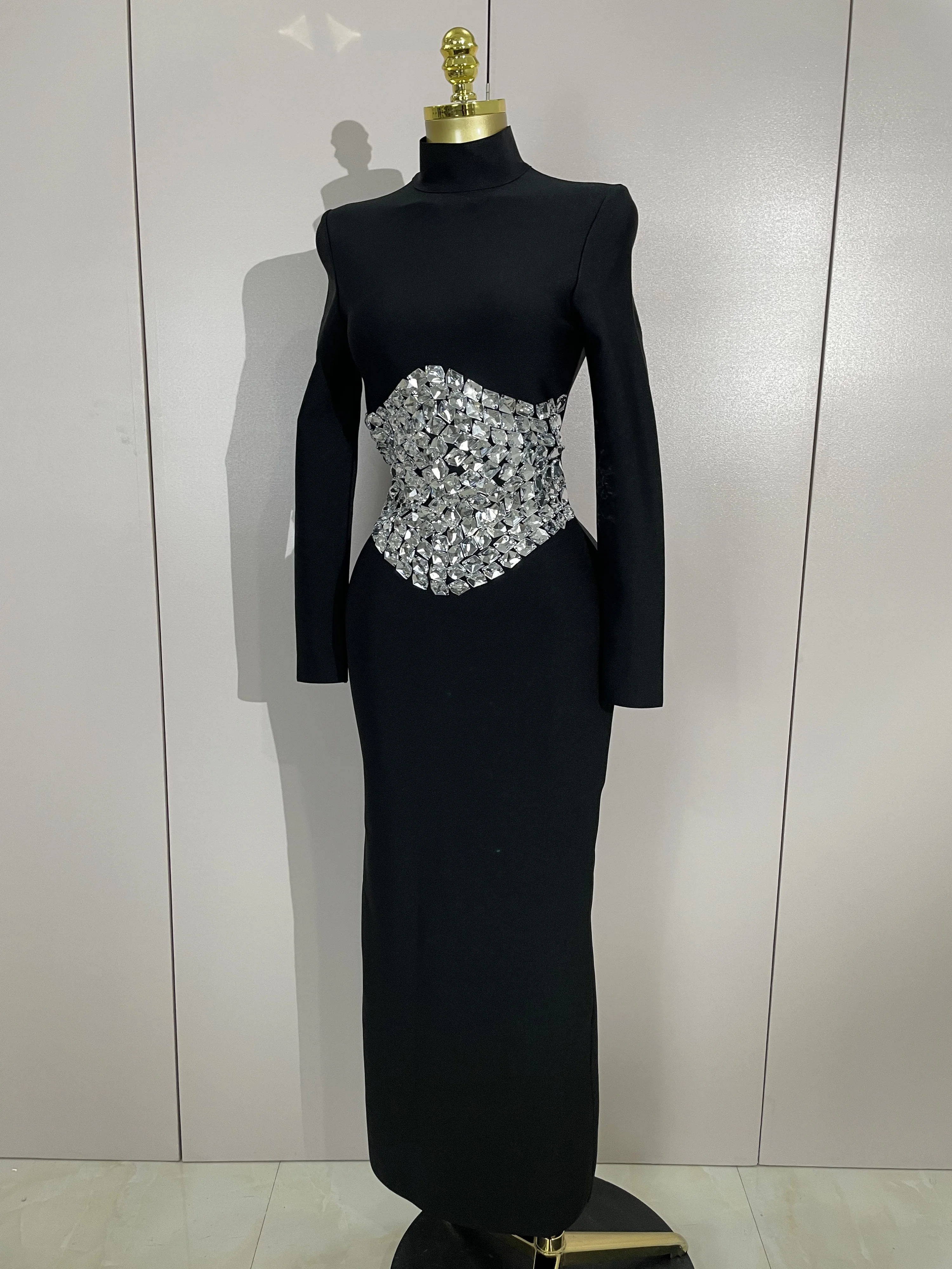 Elegante Sparkly Diamonds Lange Mouwen Bodycon Lange Bandage Jurk Vrouwen Avond Prom Luxe Verjaardagsfeestje Bruiloft Gast Jurken