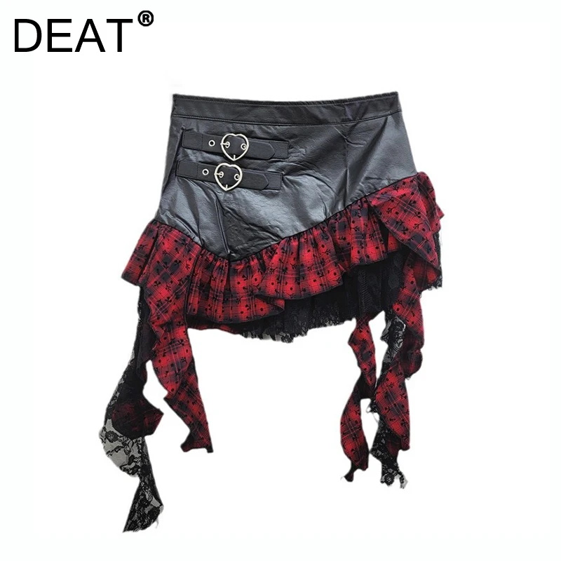 DEAT Women\'s Pu Leather Skirt Red Plaid A-line High Waist Patchwork Lace Buckle Short Skirt Autumn 2024 New Fashion 29L8954