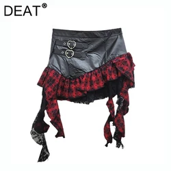 DEAT Women's Pu Leather Skirt Red Plaid A-line High Waist Patchwork Lace Buckle Short Skirt Autumn 2024 New Fashion 29L8954