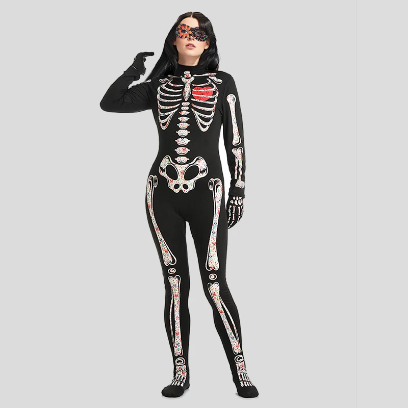 Costumes de fête cosplay d'Halloween pour femmes avec des motifs de crânes colorés, une combinaison, des gants et des accessoires pour les yeux à fermeture éclair au dos