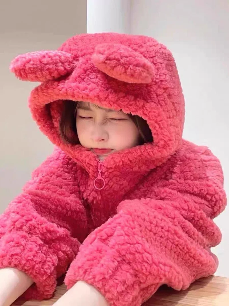 AnimePeripherals 디즈니 만화 귀여운 Lotso 자수 재킷 새로운 여성용 짧은 두꺼운 따뜻하고 편안한 재킷 모피 코트