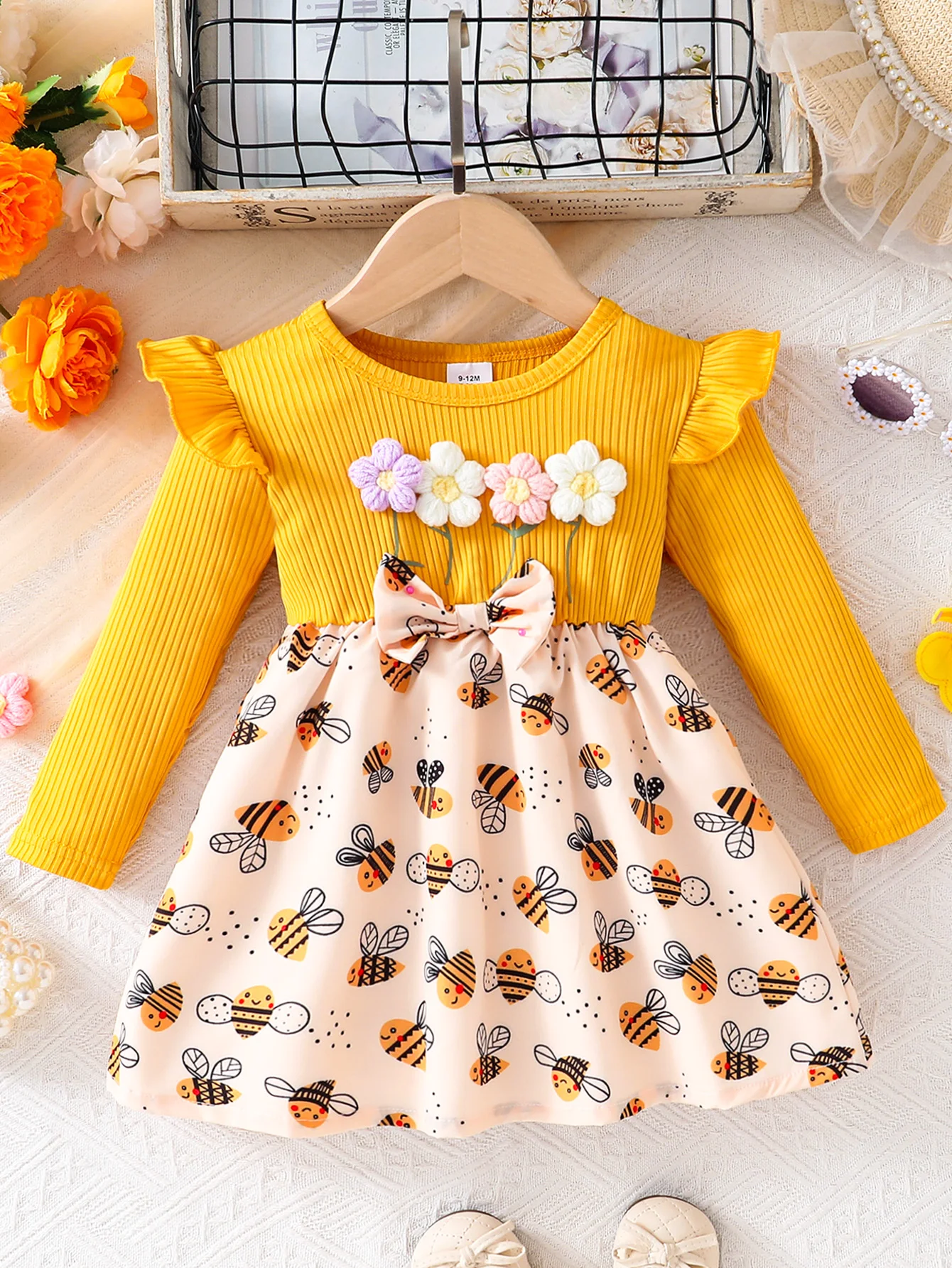 1-Piece Set: Spring and Autumn Thin Dress for Baby Girls, Baby Girl's Dress with 3D Flower Bow and Animal Print, Round Neck Long-Sleeve Dress, Cute and Elegant Girl's Dress with Lace Decoration, Fashionable and Sweet Versatile Princess Dress, Newborn First Birthday Gift, Comfortable and Soft, Suitable for 0-1-2-3 Years Old, 6-9 Months, Suitable for Outdoor, Casual, Party, Festival Gift