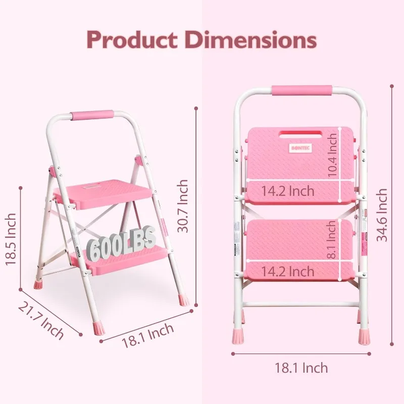 2-Step Ladder, Folding Step Stools for Adults with Wide Anti-Slip Pedals, Max Load Capacity 600lbs Sturdy Steel Ladder