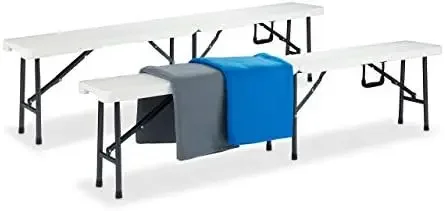 Bierbank, 2er-Set Klappbänke, tragbar, leicht zu waschen, Kunststoff, HLP 42 x 180 x 25 cm, Weiß