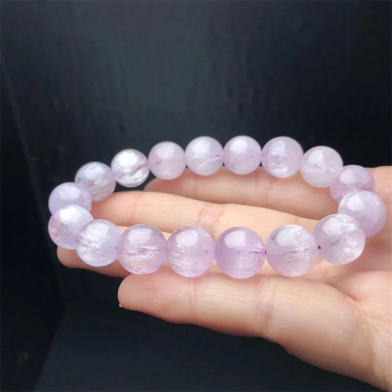 12MM Natural Kunzite Bracelets Handmade Reiki Healing Meditation Bangles Elastic Rope Stone FengShui Couple Jewelry