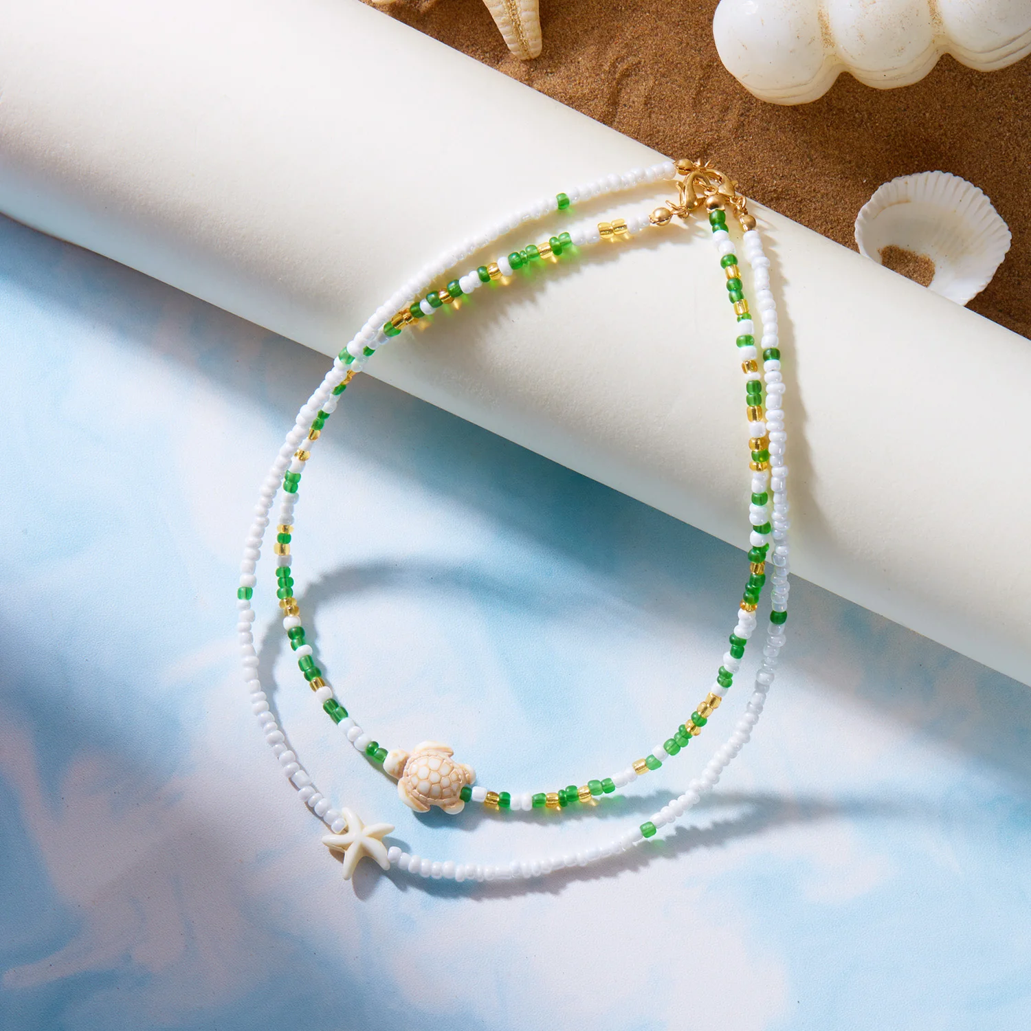 Bohemian Doppel Reis Perle Kette Schlüsselbein Halskette für Frauen Acryl Schildkröte Seestern Anhänger Halsband Sommer Strand Mode Schmuck – Detail 11