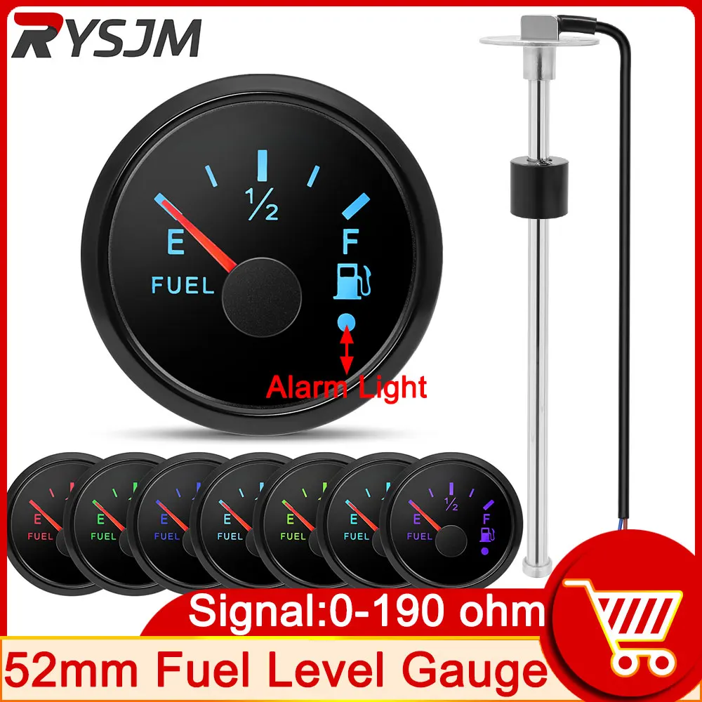 0-190ohm 52mm Fuel Level Gauge with 7 Color Light With Alarm Stainless Steel 316 Oil Tank Level Sensor for Marine RV Car 12V24V