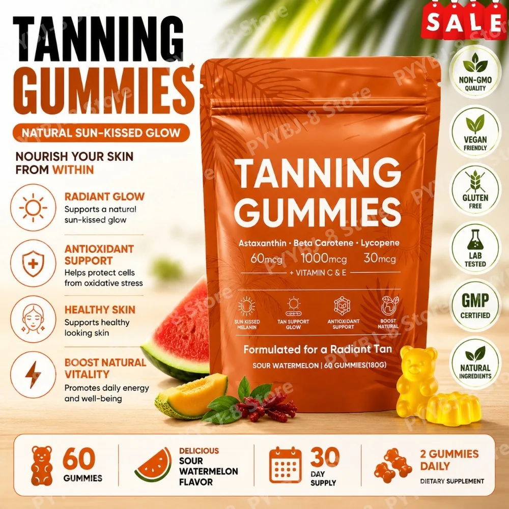 Tanning Gummies 60 Count Contain Astaxanthin Beta Carotene and Lycopene Help The Skin Regain Its Radiance & Antioxidant Support