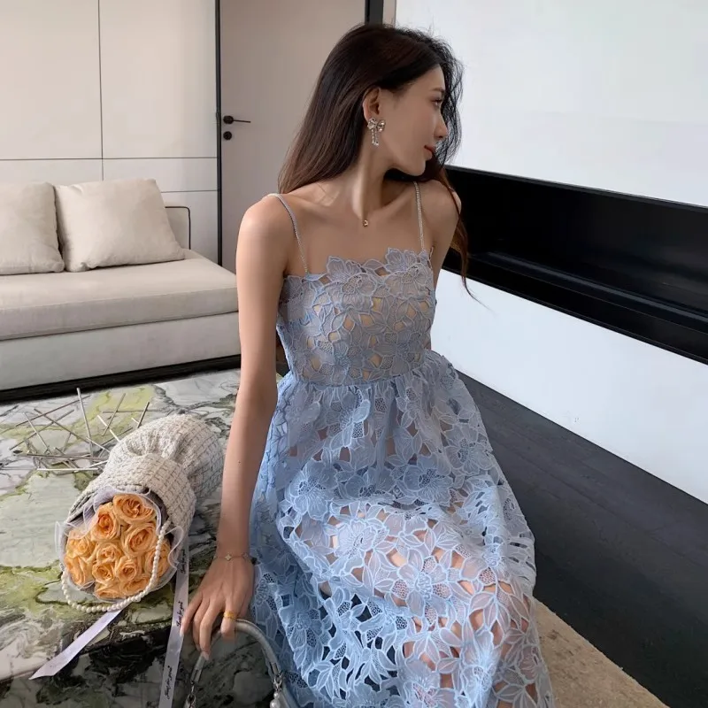 Robe mi-longue en dentelle brodée au crochet pour femme, design de luxe, bleu sexy, robe de club de fête, anniversaire, qualité supérieure, nouveau, 2024