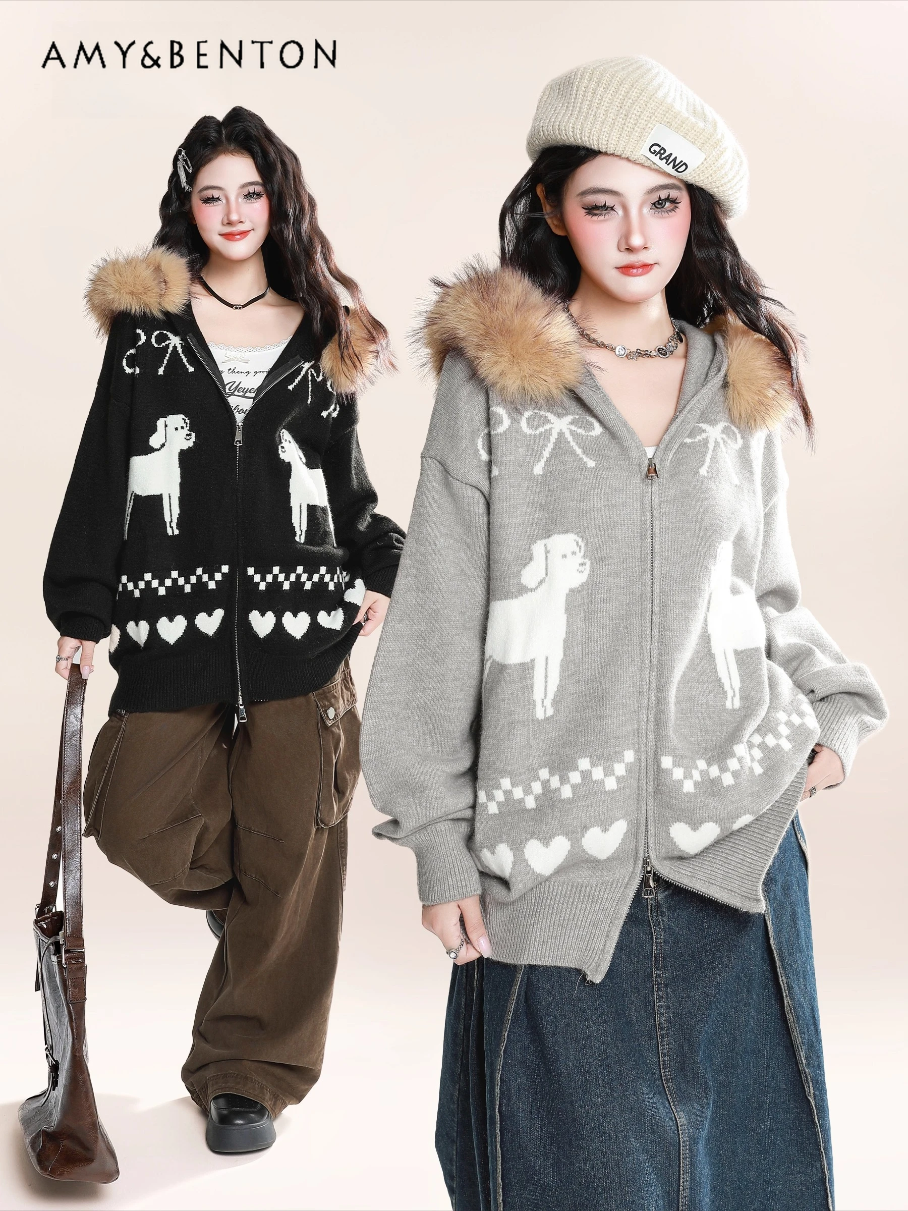 

2025 Autumn Winter New Vintage Style Gray Black Puppy Jacquard Hooded Fur Collar Loose Cardigan Knitted Sweater Coat