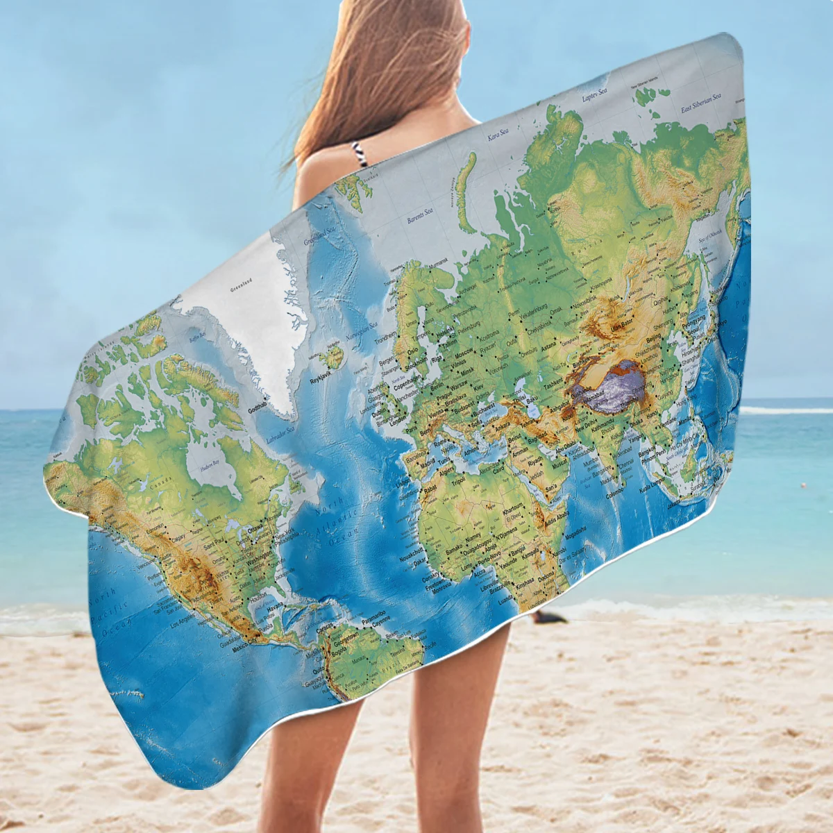 

BeddingOutlet World Map Beach Towel Absorbent Quick-Drying Microfiber Bath Towel Bathroom Travel Home Decor Women Men Kids Gift