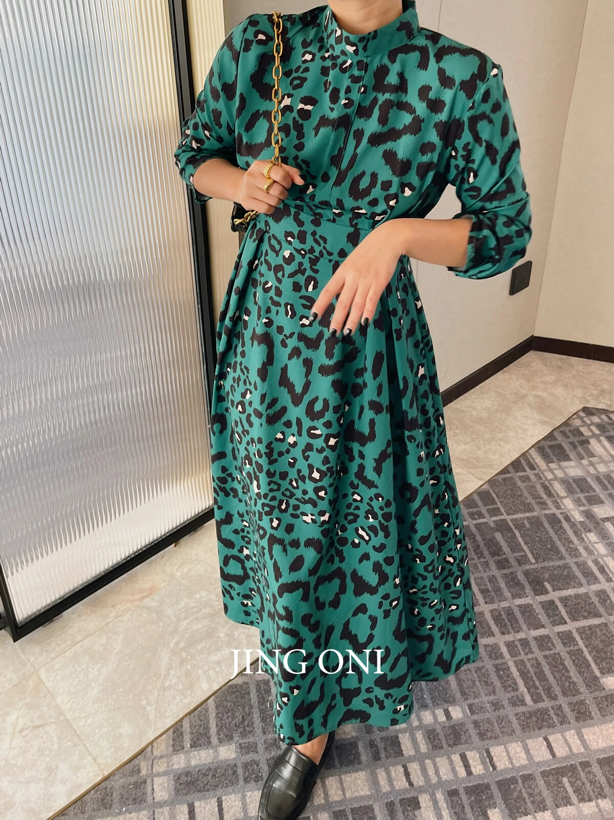 Green Leopard Evening Dresses Party Blouse Woman Clothing 2023 Y2k Korean Fashion Style Vintage Elegant Long Sleeve Robe Luxury