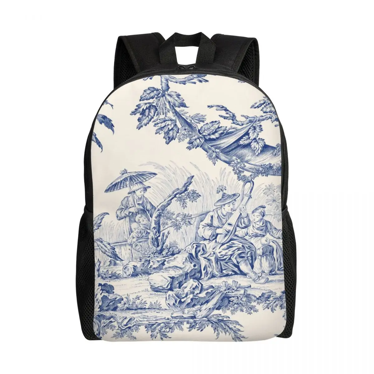 Personalized Classic French Toile De Jouy Navy Blue Motif Pattern Backpack Men Women Basic Bookbag for College School Bags