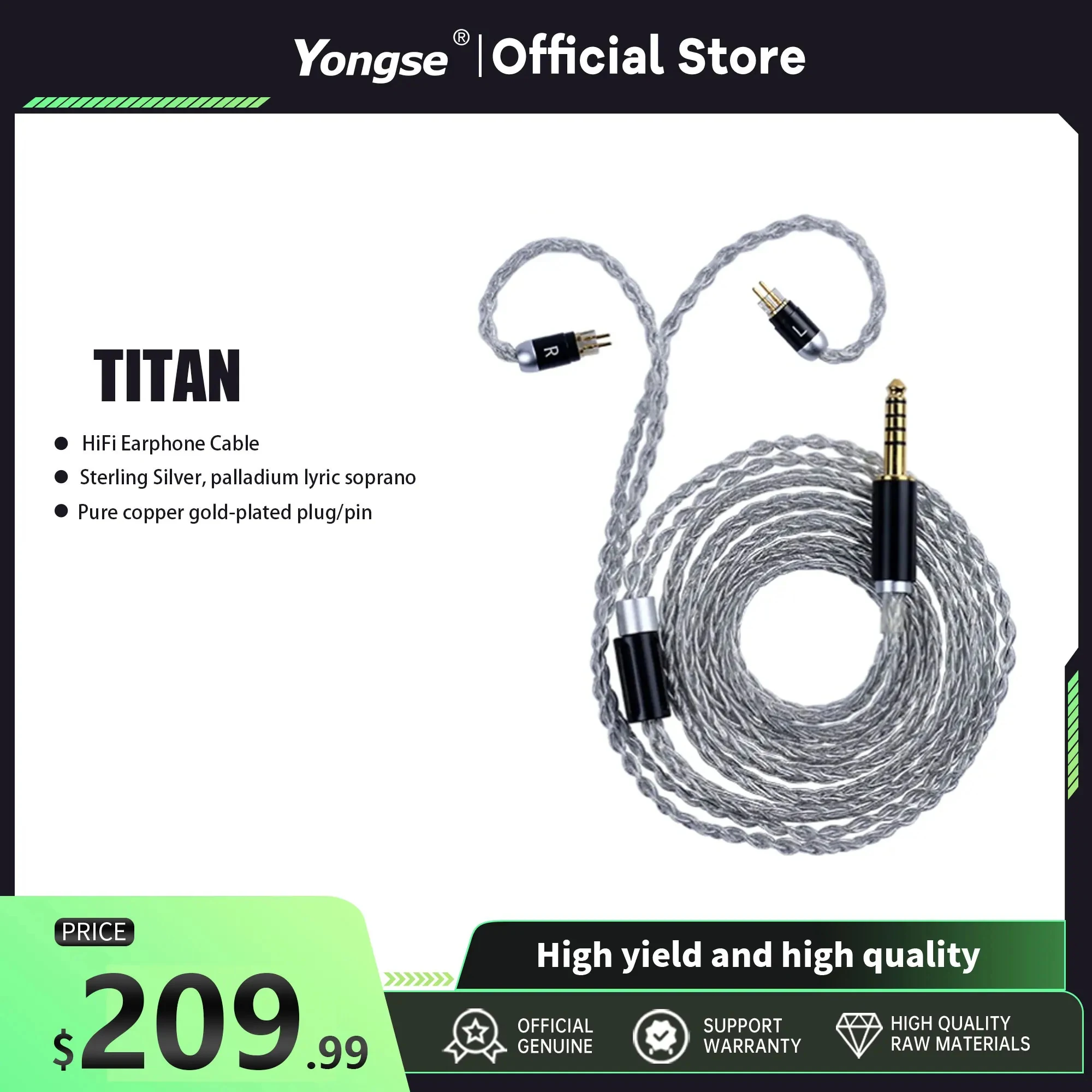 

Yongse Titan 8 Core HiFi Earphone Cable Silver Palladium Plating 3.5/2.5/4.4mm MMCX/0.78 2Pin For 7HZ Zero KATO Aria S12 Audio