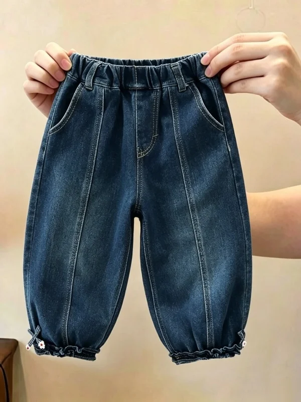 Girls' Casual Loose Jeans with Bowknot Wooden Ear Autumn Fashion Baby Girls' Outfit Cuffed Long Pants High Waist Asymmetric
