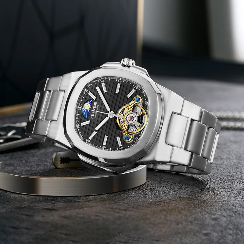 TEVISE ใหม่นาฬิกากลไกอัตโนมัติสําหรับชาย Moon Phase Skeleton นาฬิกาสแตนเลสแฟชั่นแบรนด์ยอดนิยมการเคลื่อนไหวอัตโนมัติ
