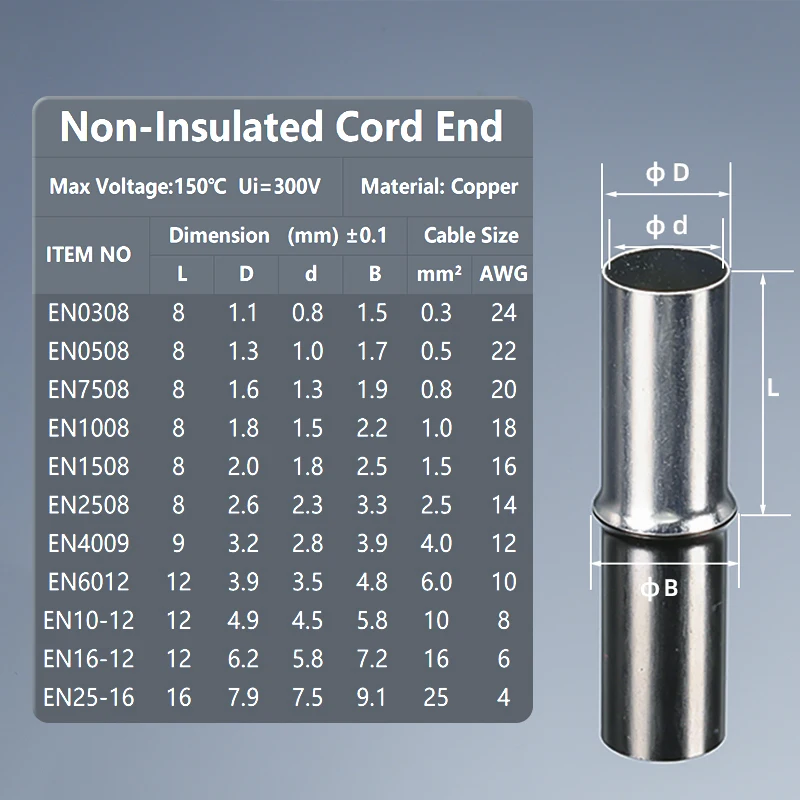 Gold Plating Non Insulated Cord End Terminal Block Silvering Naked Wire Joint Sleeve Cold Press Bootlace Ferrule Crimp Connector