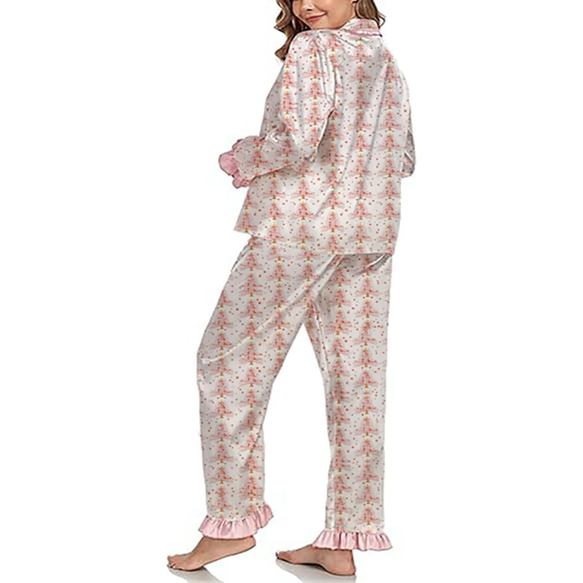 HEZIOWYUN المرأة عيد الميلاد بيجامة مجموعات طويلة الأكمام زر أسفل الساتان لباس نوم من الحرير لطيف تكدرت تقليم ملابس النوم Pjs المتسكعون